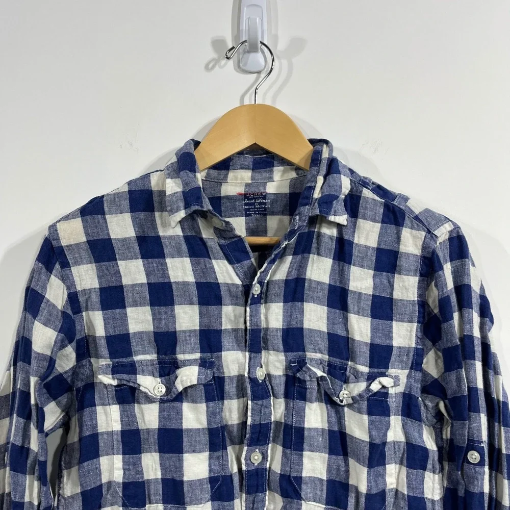 J.Crew Baird McNutt Irish Linen Shirt Mens Small Blue White Plaid Preppy Coastal
